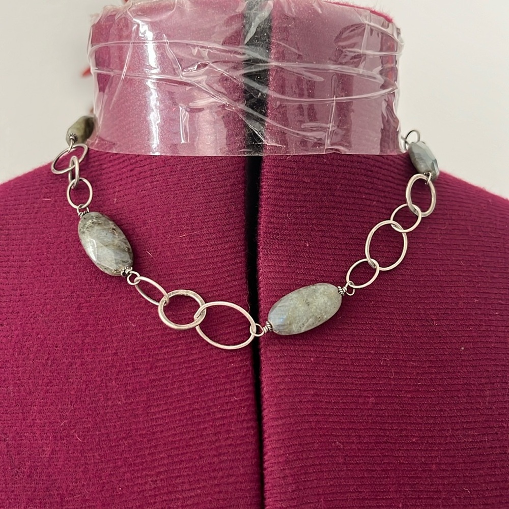 Silver tone, green stone circle oval Boho sale necklace